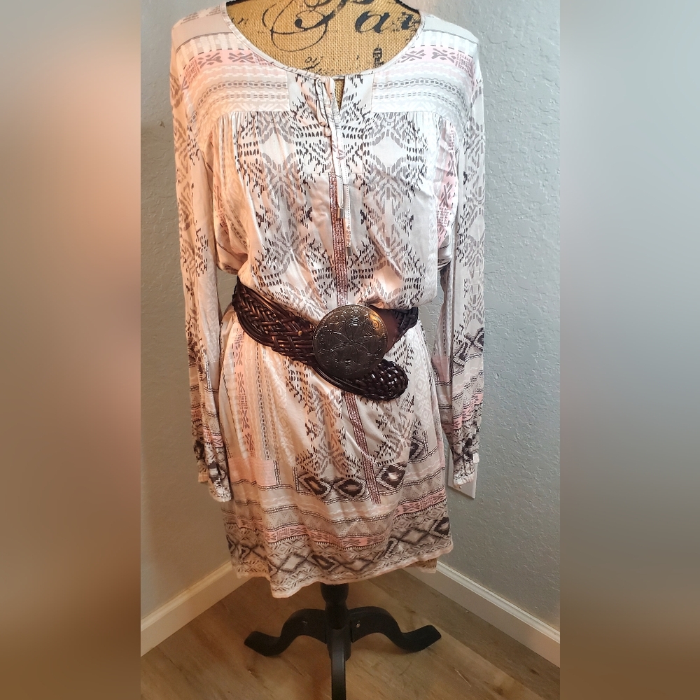 Tribal Cream and Brown Geometric Long Sleeve Dress